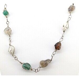 Wire handmade necklace natural stones earth tones infinity loop 34 in no clasp